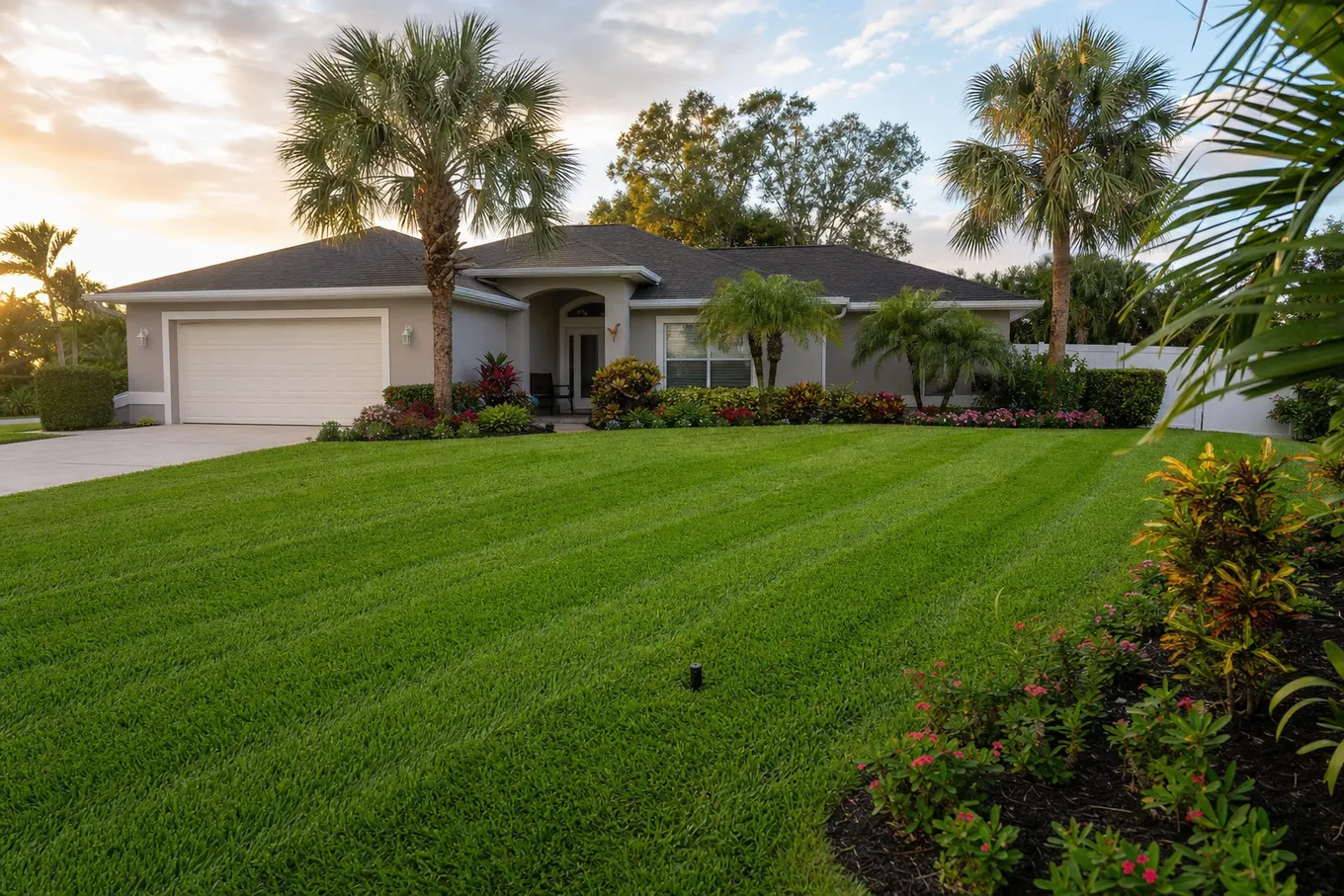Manicured St. Augustine lawn in a Venice Florida gated community mowed in clean lines