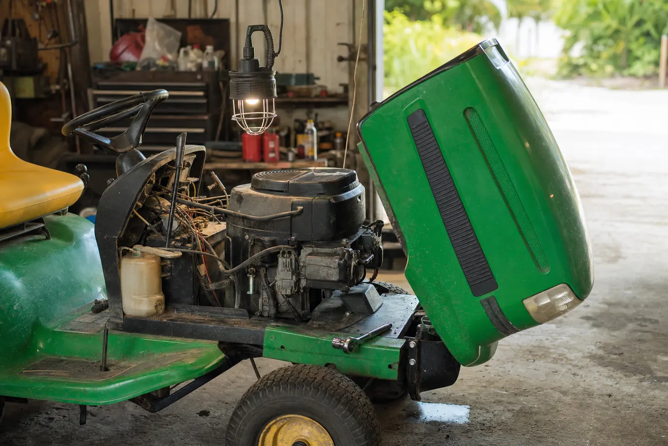 Veteran riding mower from a Nokomis property on the lift for deck and spindle service