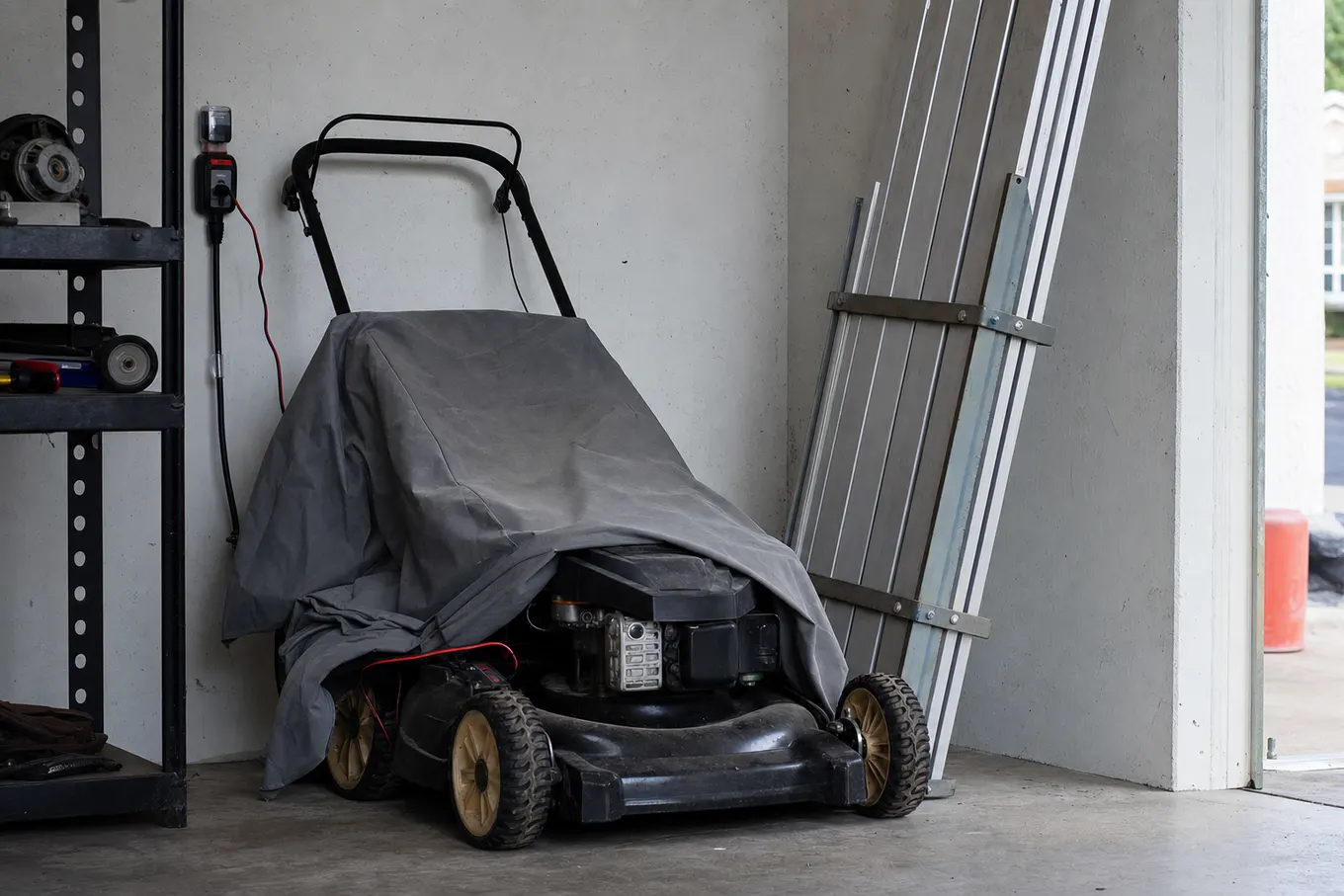Lawn mower parked in a Florida garage for the summer while its owner is up north